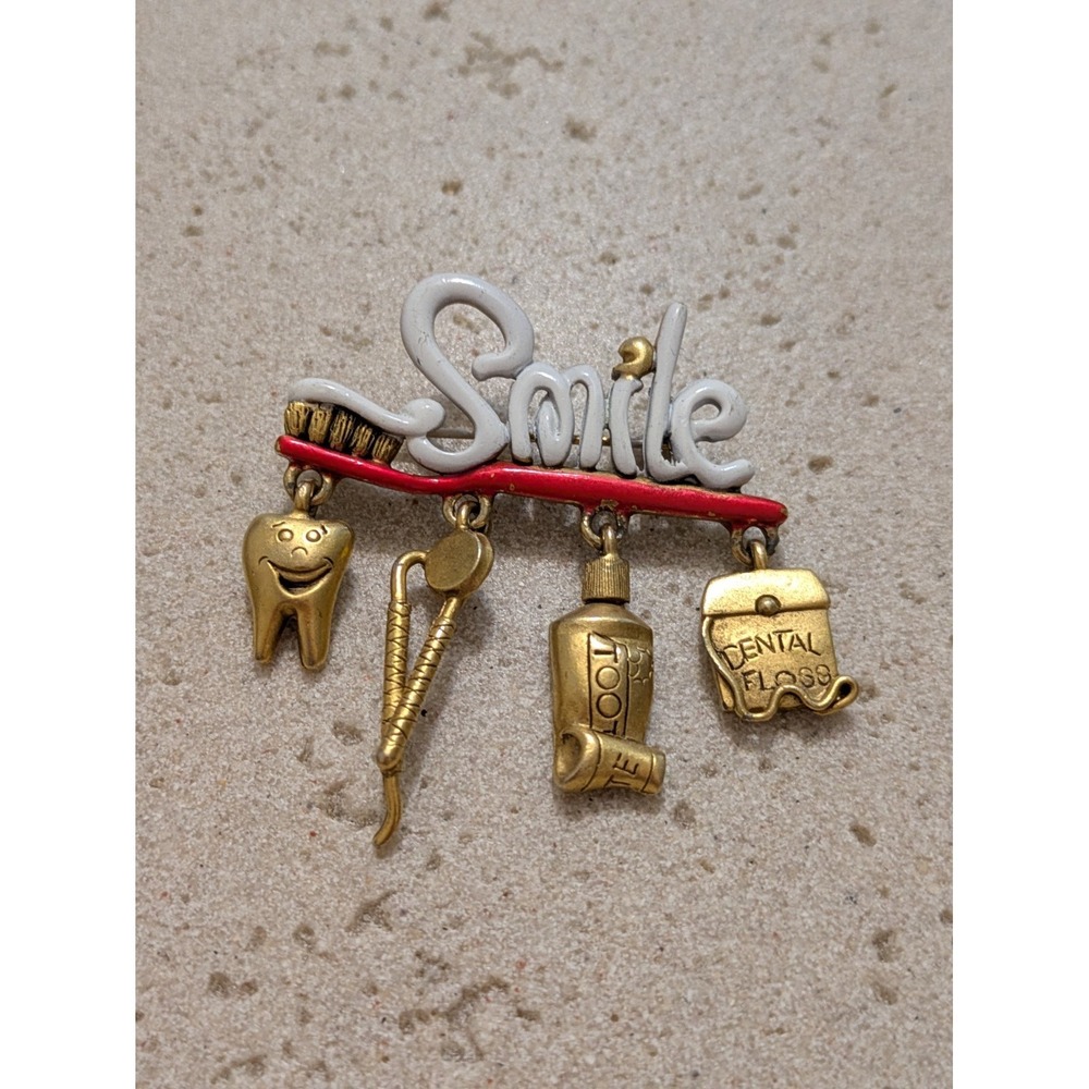 Vintage Brooch In Gold Tone Dental Hygentist Theme Toothbrush Smile Dentist